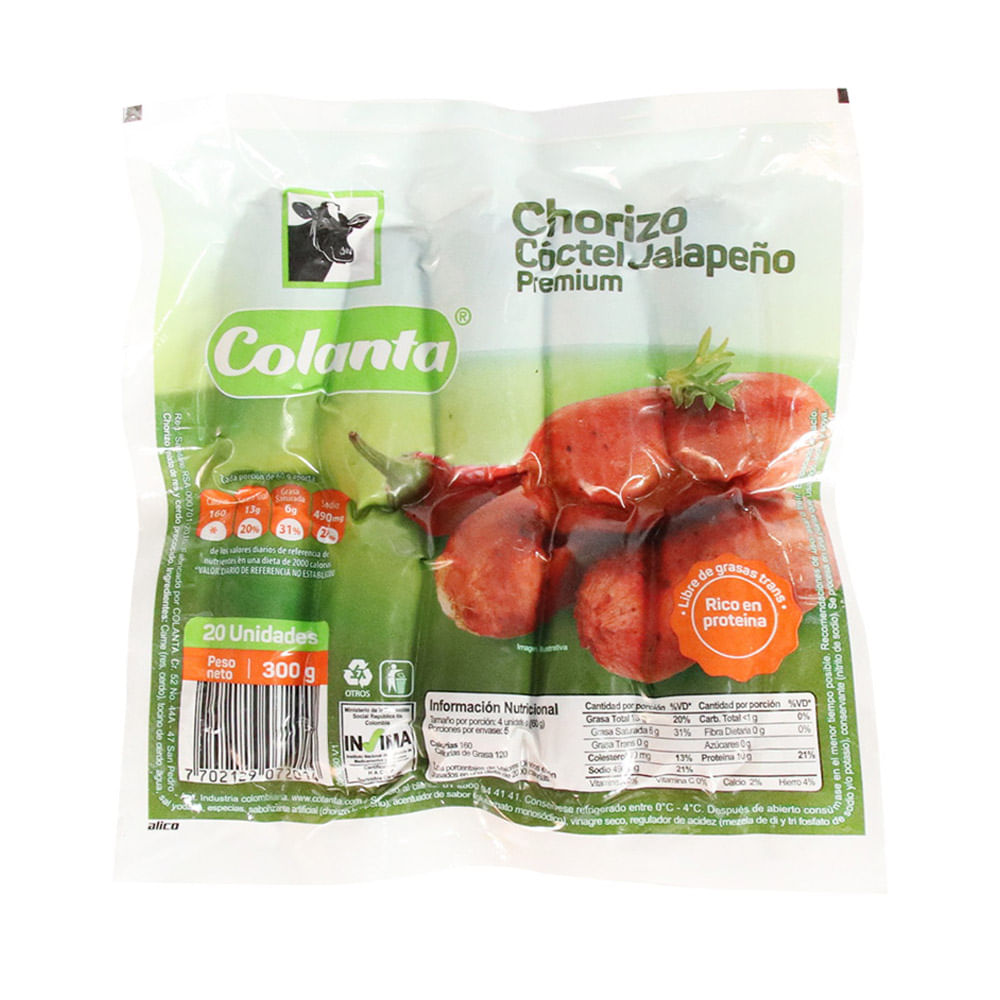 CHORIZO COCTEL JALAPEÑO  x 300GR COLANTA